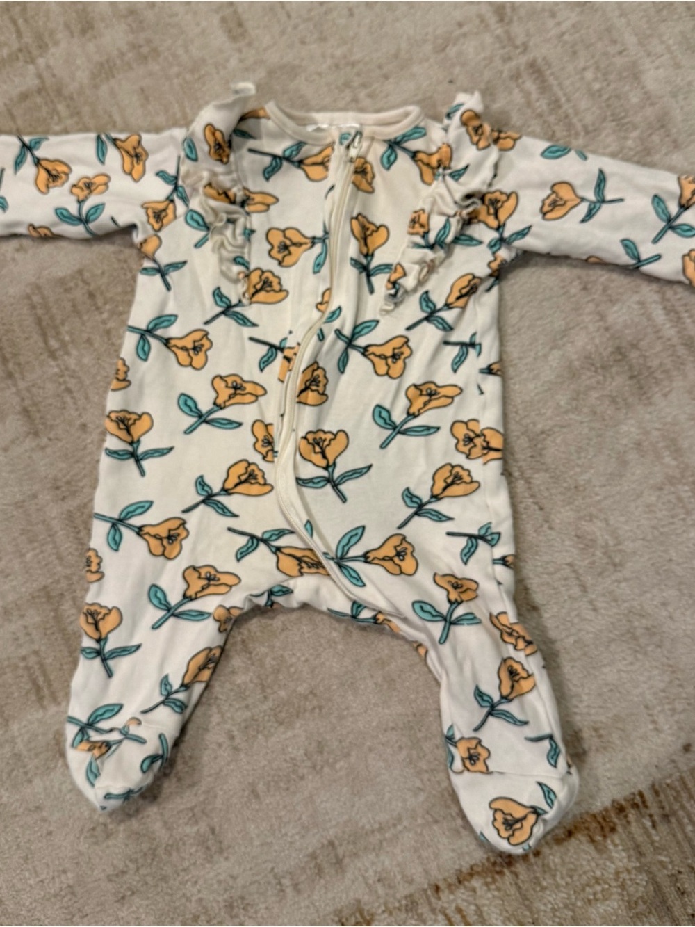 Jessica Simpson Yellow Floral Footed One-Piece with Teal Leaves